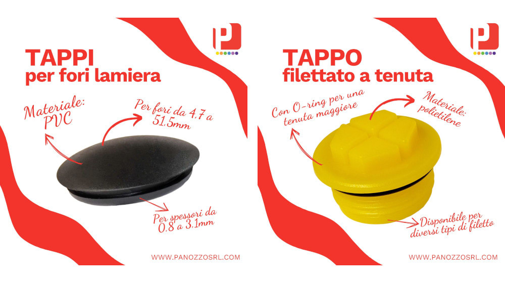 Catalogo Panozzosrl con due tipi di tappi industriali: un tappo nero in PVC per fori su lamiera da 4.7 a 51.5mm e spessori da 0.8 a 3.1mm, e un tappo giallo filettato in polietilene con O-ring per alta tenuta, disponibile per vari tipi di filetto.