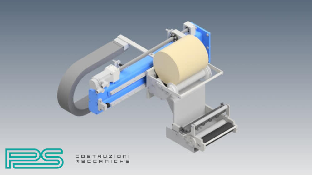 Macchina industriale automatizzata per la lavorazione di materiali in bobina, con sistema di movimentazione lineare e rulliere di alimentazione.