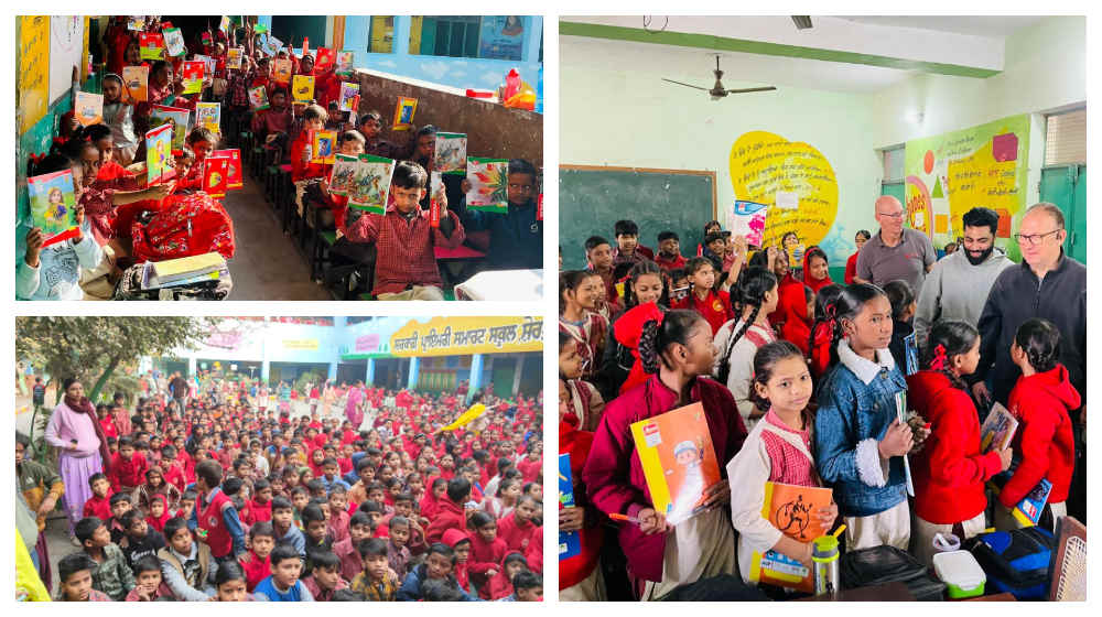 Joyful school children in India receiving new books during a distribution event, featuring scenes in classrooms and a large outdoor school assembly with adult volunteers.