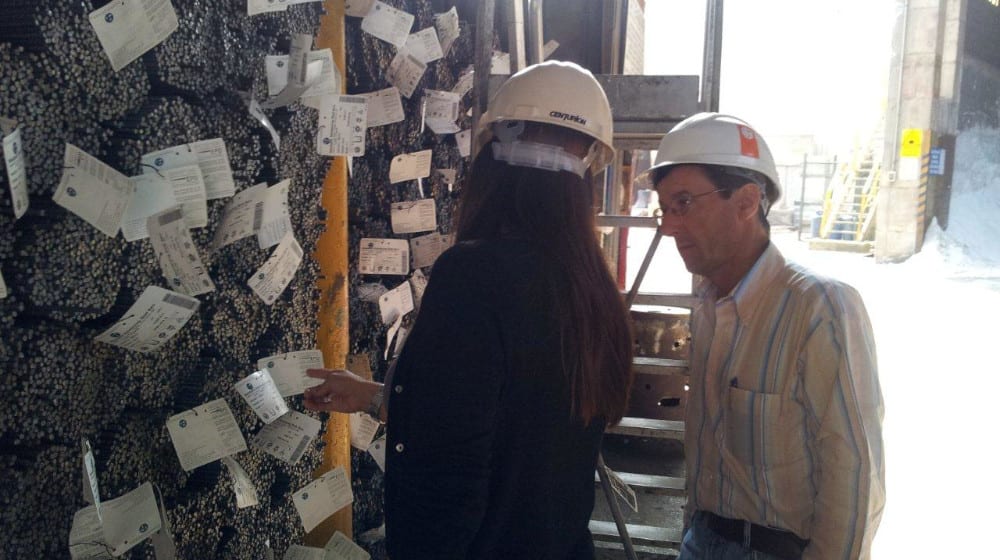 Due persone con caschi di sicurezza, una donna che indica e un uomo che osserva, esaminano etichette su una parete di materiale granulare in un ambiente industriale, suggerendo un'attività di controllo qualità o gestione dell'inventario.