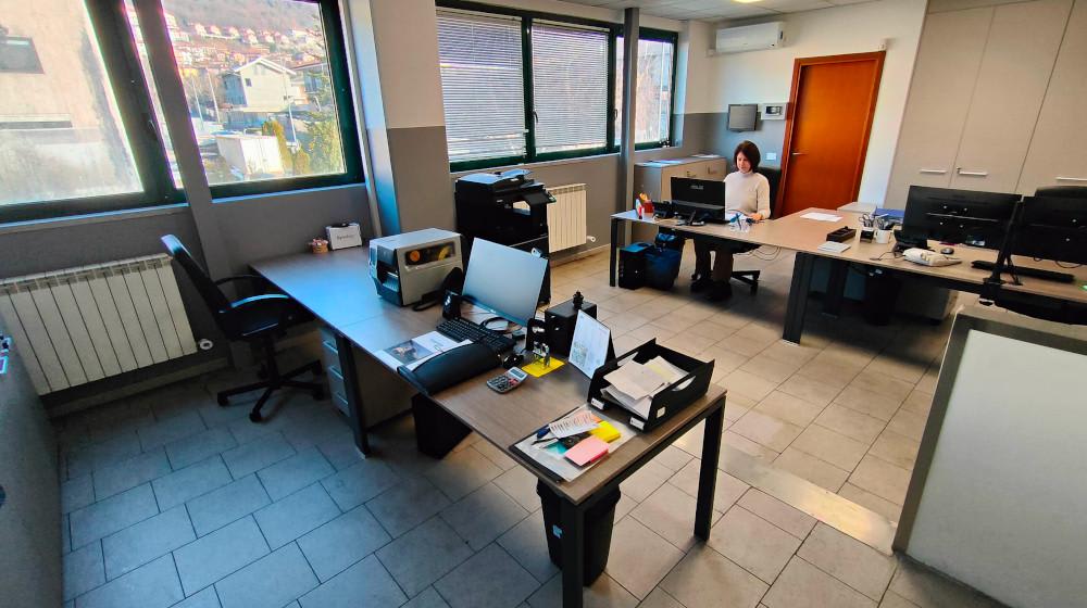 A modern office interior with multiple computer workstations, a woman working at one, and various office equipment including a scanner and printer. Large windows reveal a cityscape in the background.