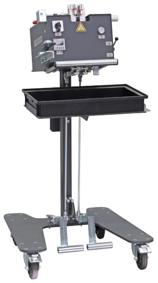 BECKER mobile industrial dispensing machine with control panel, application nozzles, and foot pedal operation on a wheeled stand with a collection tray.