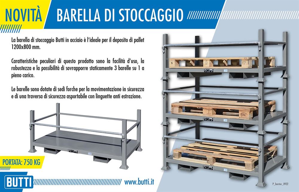 Barella di stoccaggio Butti in acciaio impilabile per pallet 1200x800 mm, portata 750 kg, con vista di un'unità singola e una pila di tre barelle con pallet.