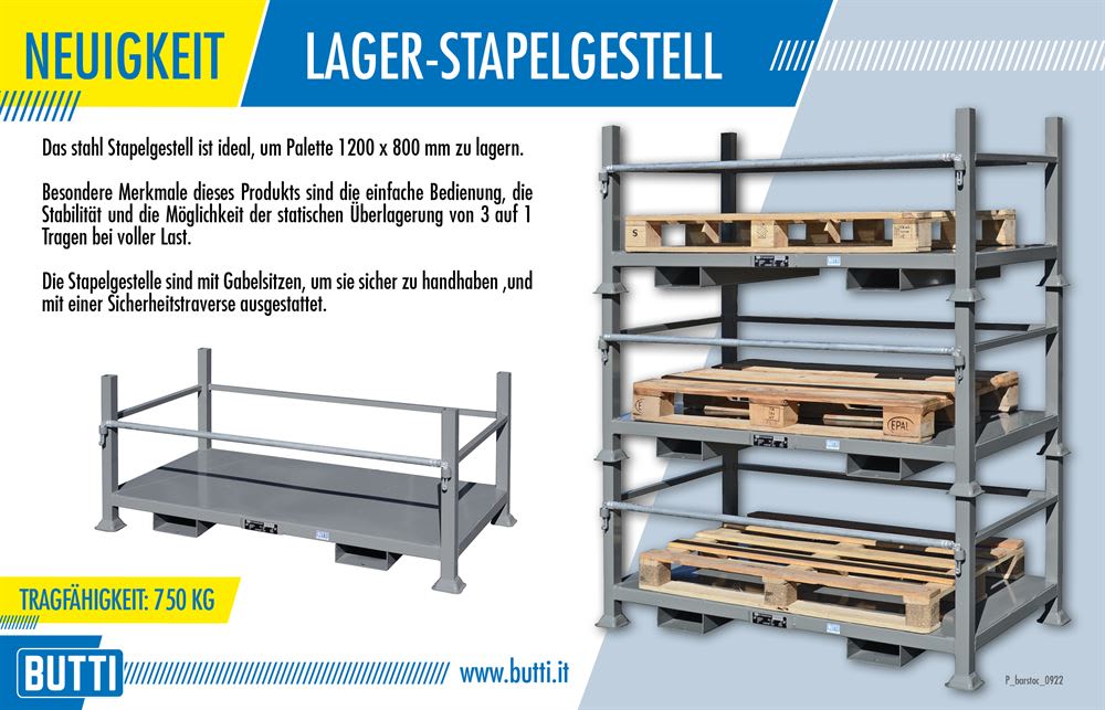 Lager-Stapelgestell aus Stahl, links ein einzelnes Element, rechts mehrere Elemente gestapelt mit Holzpaletten. Tragfähigkeit 750 kg.