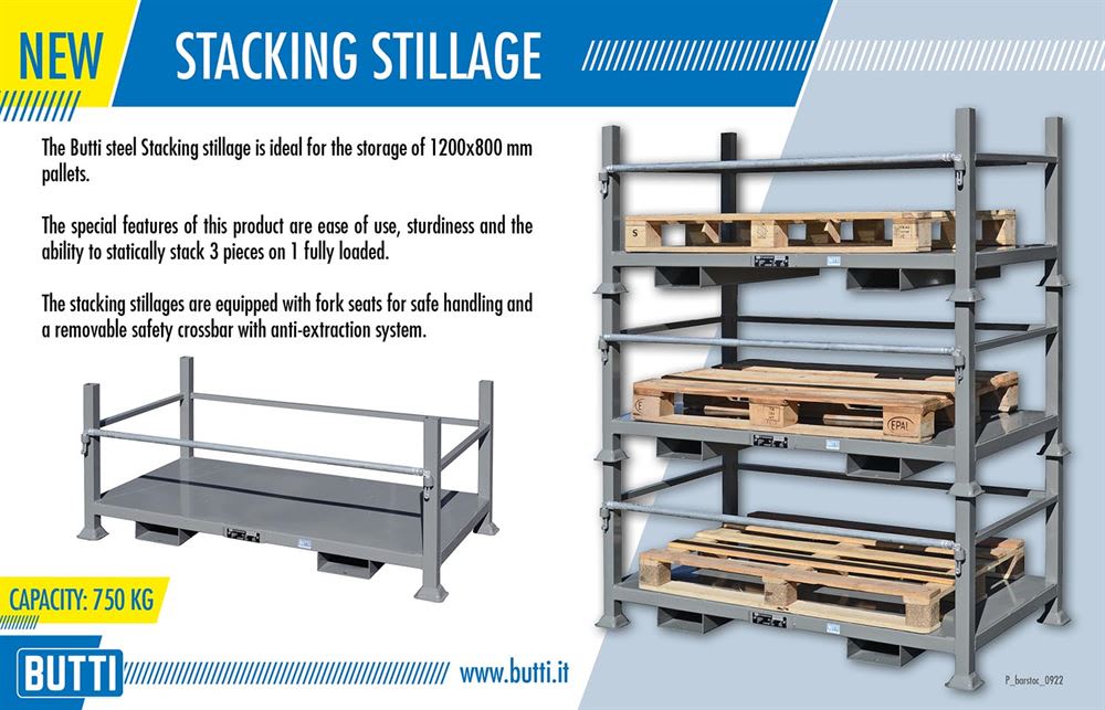 Butti steel stacking stillage for 1200x800mm pallets, featuring 750 kg capacity, fork seats, and a removable safety crossbar. The image shows an individual stillage and three units stacked with wooden pallets.