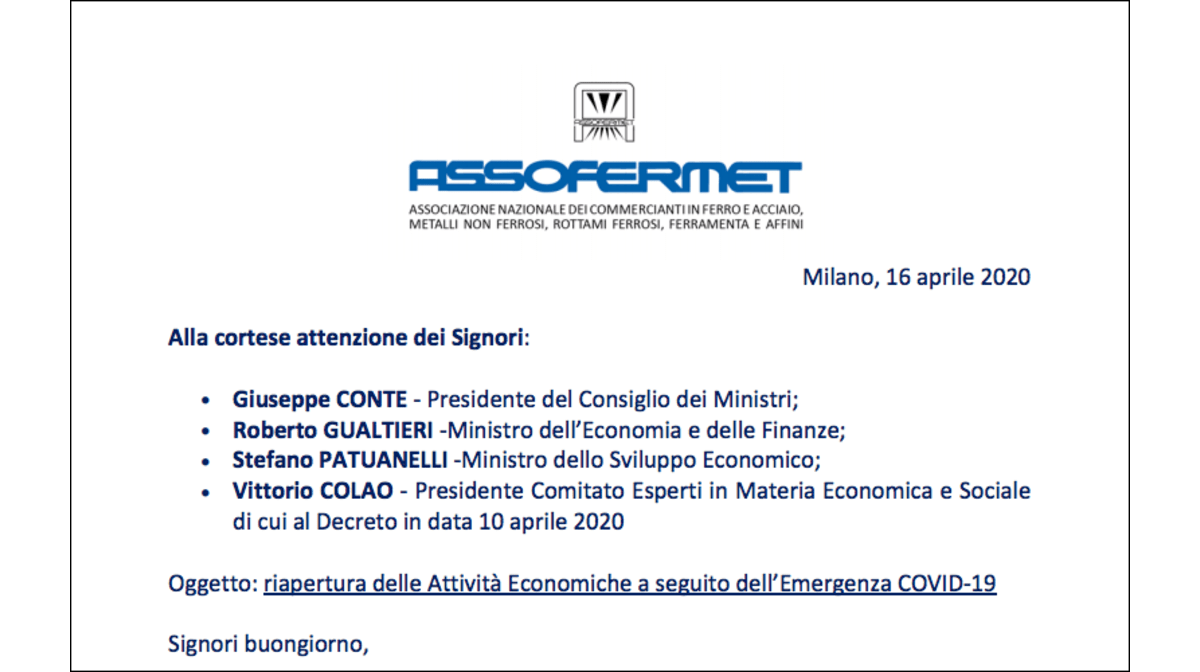 Assofermet: "Si autorizzi a ripartire la filiera meccanica e la produzione di metalli"