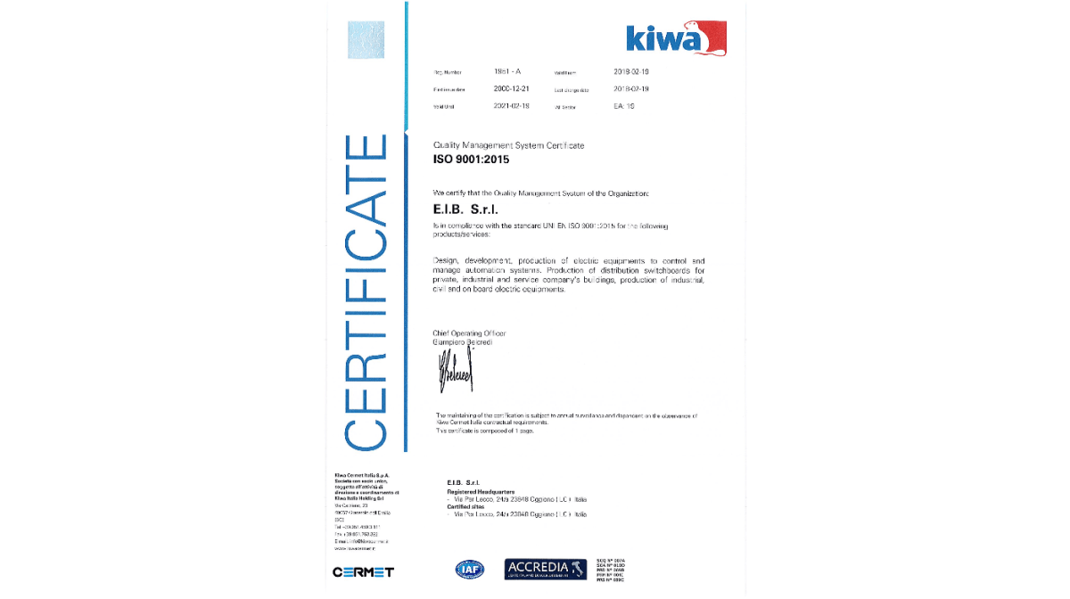 EIB updates UNI EN ISO 9001:2015 certification