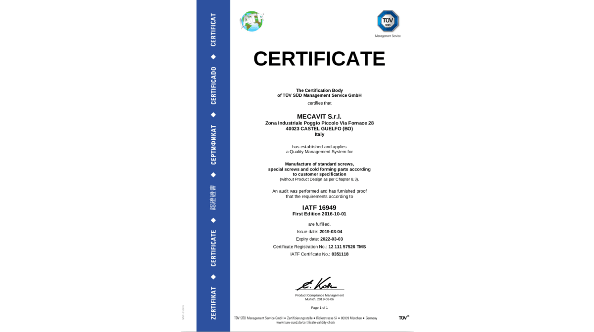 Mecavit obtains IATF 16949 certification