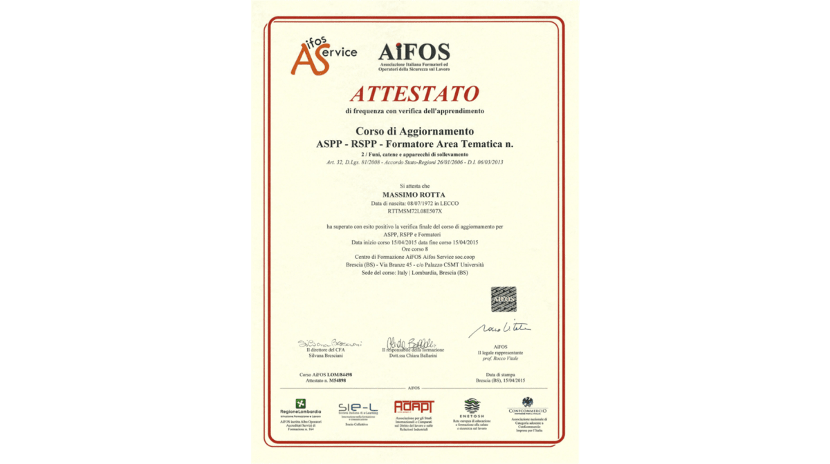 Rotta Massimo consegue nuovo attestato per il controllo di funi e catene