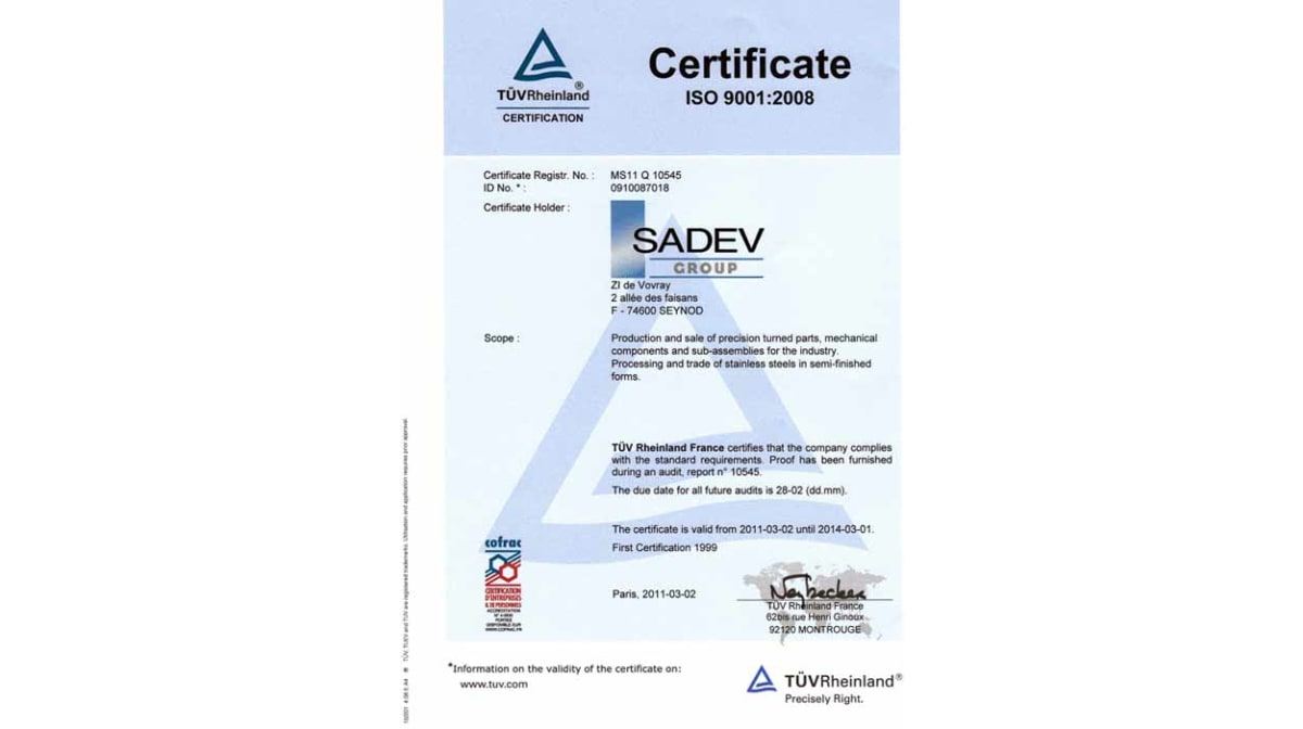 Sadev renewed TÜV Certificate ISO 9001