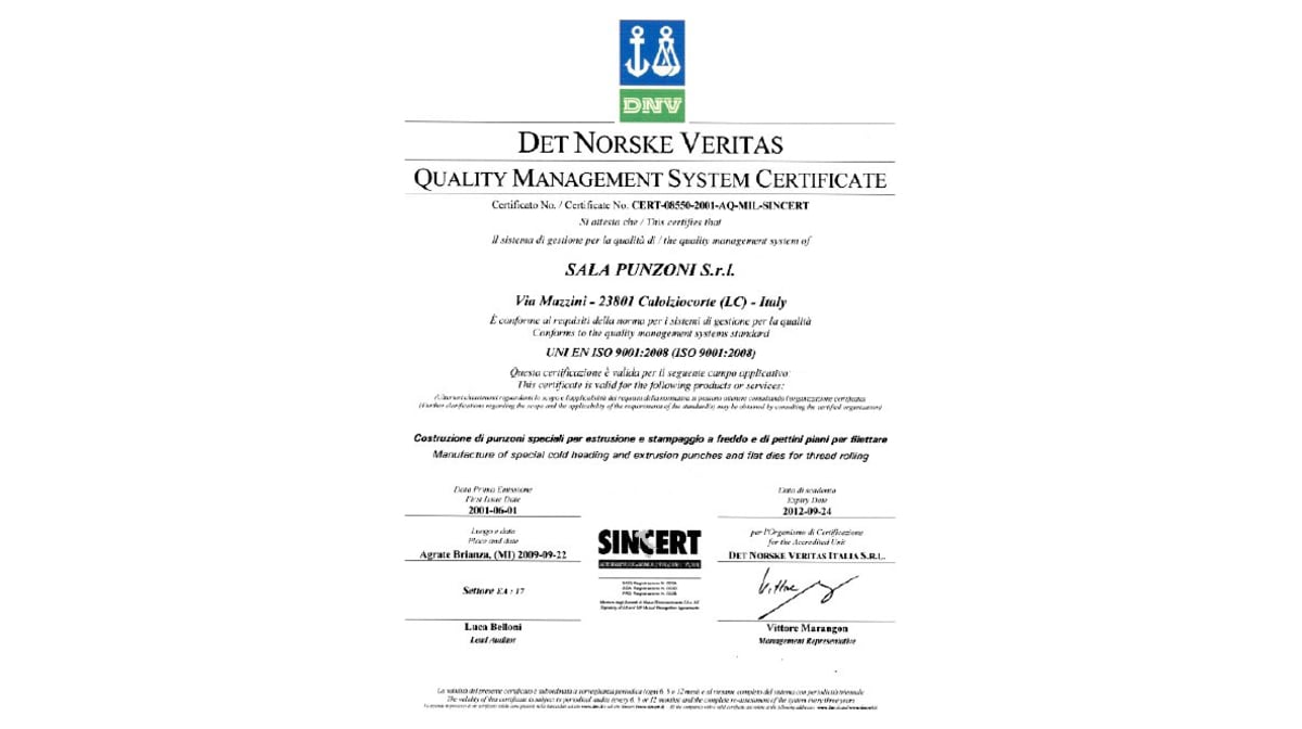 Sala Punzoni ottiene certificato ISO 9001:2008