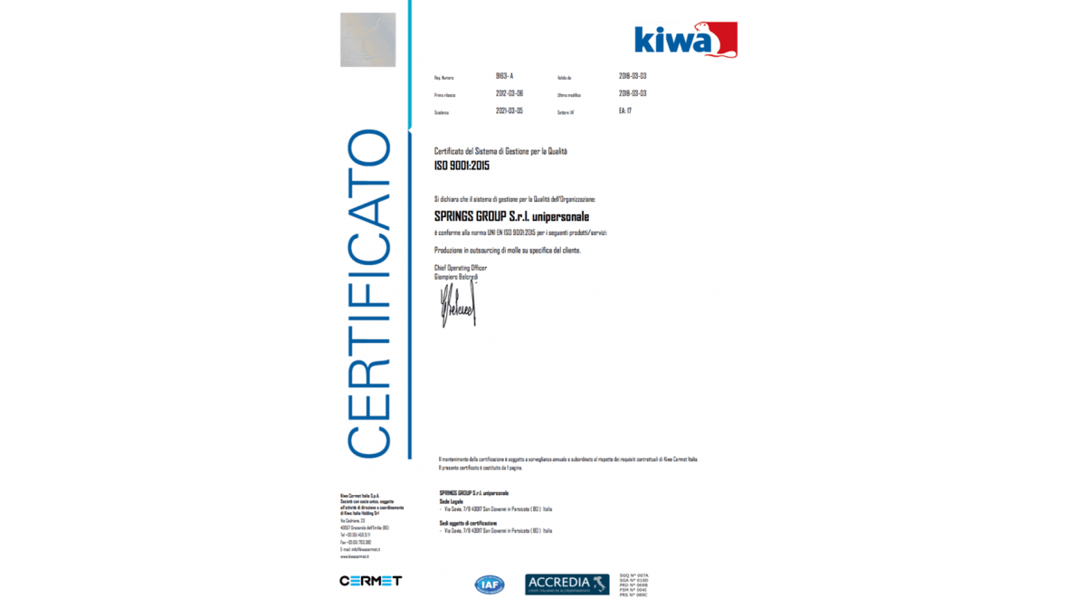 Molle certificate: Springs Group aggiorna la certificazione ISO