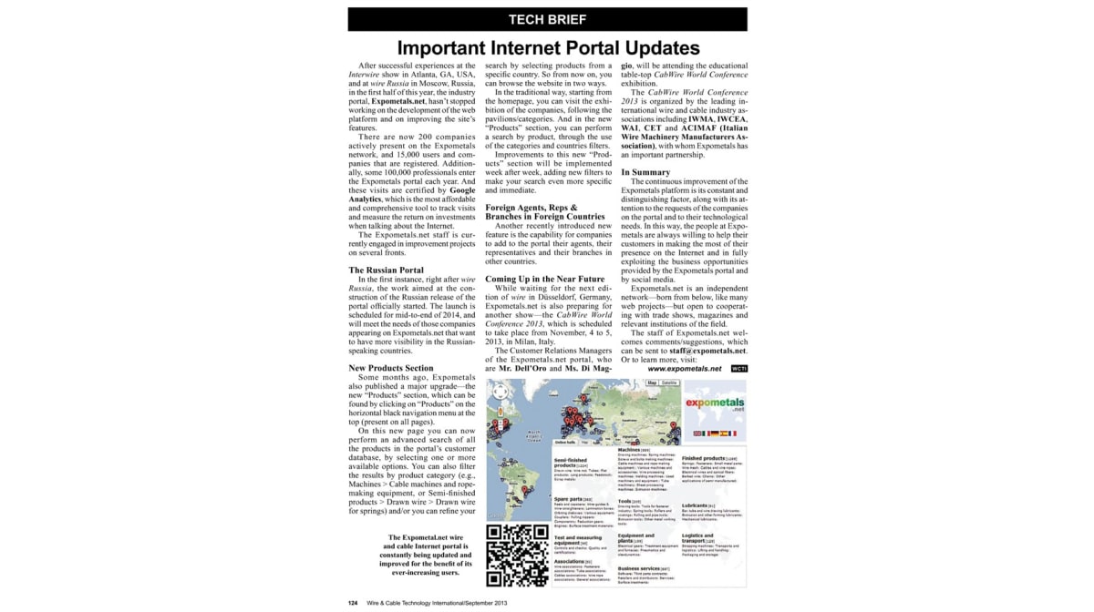 Expometals is on Wire & Cable Technology magazine