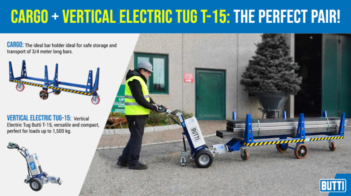 Cargo bar carts + vertical electric tug T-15: the perfect pair