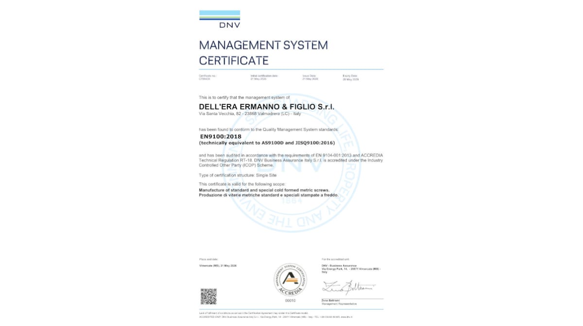 Dalla certificazione EN 9100 a Fastener Fair Italy: il percorso di crescita di Viteria Dell’Era