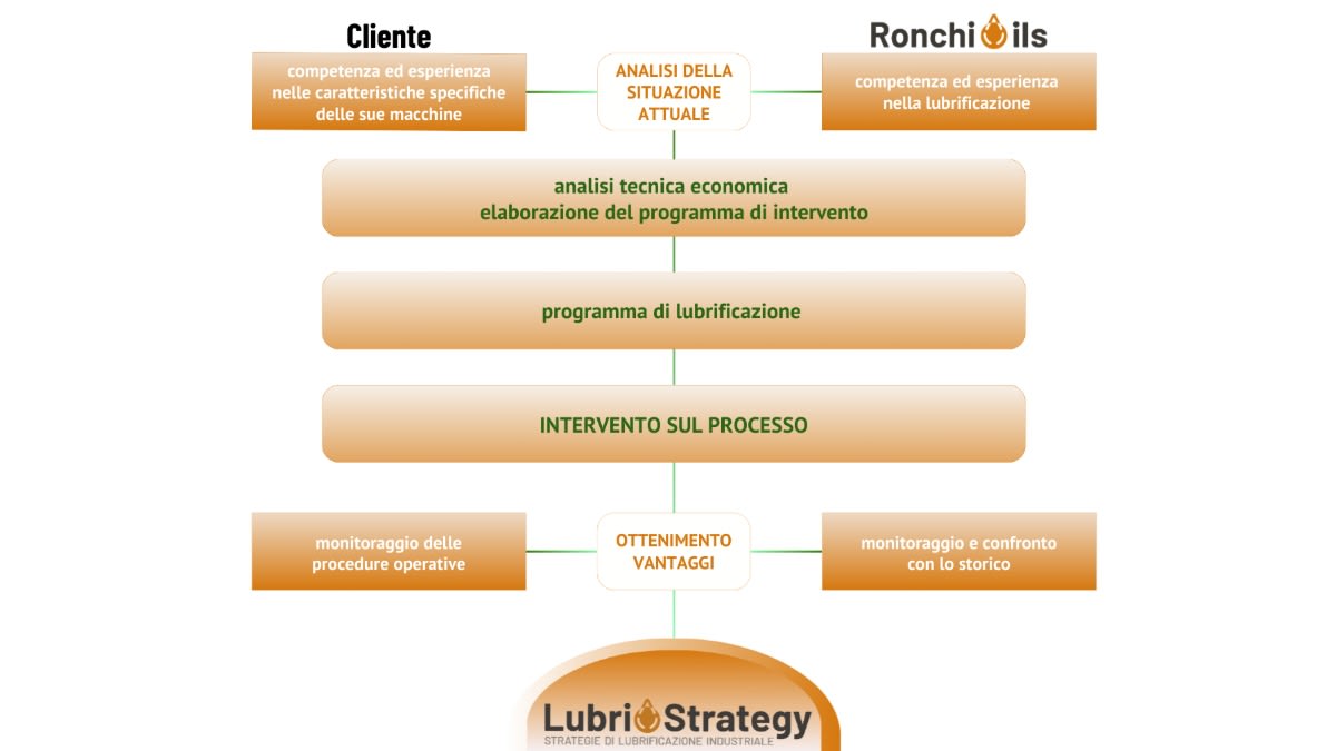 Flusso del metodo LubriStrategy: analisi, programma di lubrificazione, intervento e monitoraggio