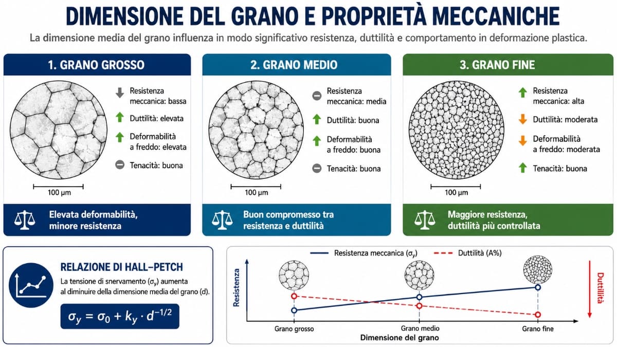 Infografica: dimensioni del grano correlate alle proprietà meccaniche in metallurgia