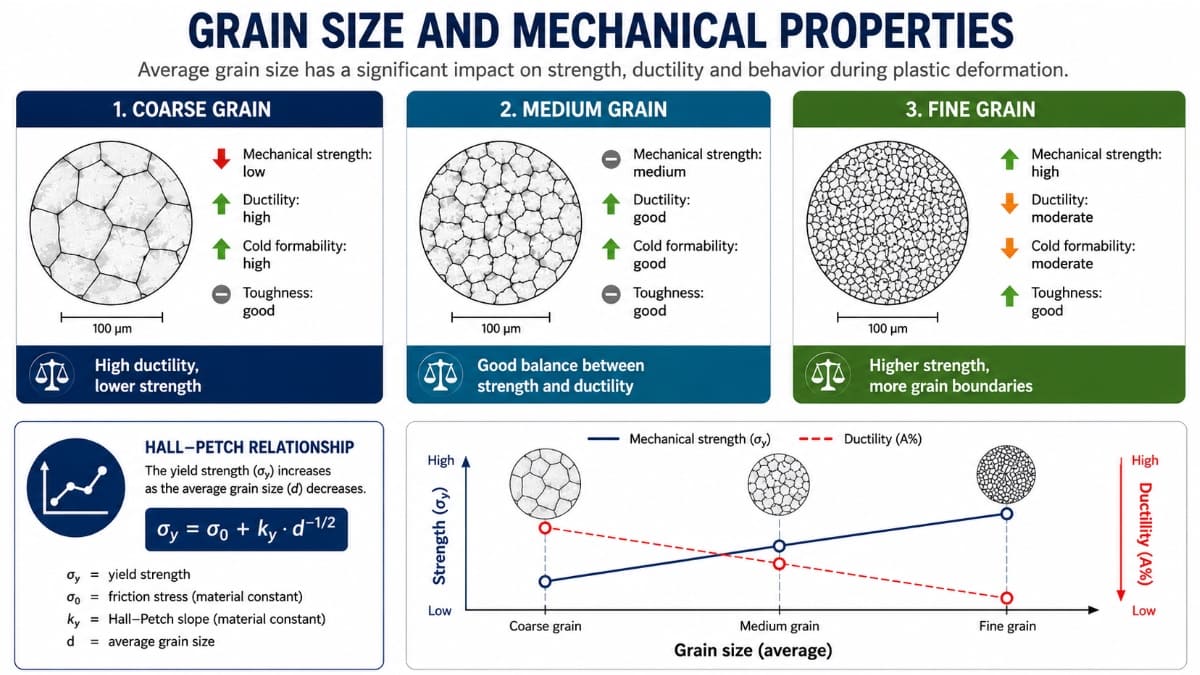 Infographic on grain size effect on mechanical strength and ductility, with Hall-Petch equation