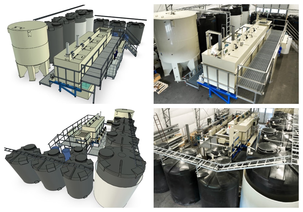 Industrial liquid processing plant with a long treatment line and multiple storage tanks, comparing 3D CAD design renderings with real-world installation photographs.