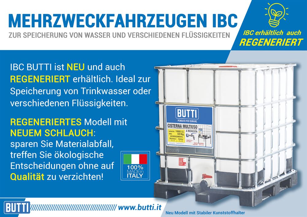 Weißer Butti Mehrzweck-IBC-Container mit Metallgitterkäfig und stabiler Kunststoffpalette, erhältlich als Neu- und Regeneriert-Modell für Trinkwasser und andere Flüssigkeiten.