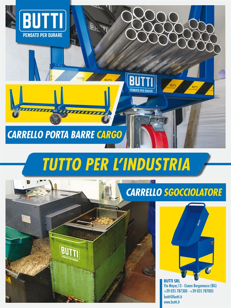 Due carrelli industriali Butti: un carrello porta barre carico di tubi metallici e un carrello sgocciolatore per trucioli metallici in un ambiente industriale.