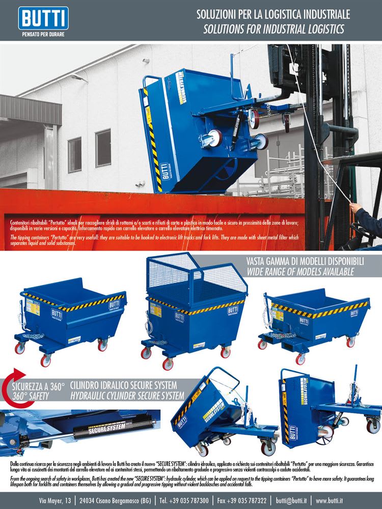 Cassoni ribaltabili industriali Butti con sistema Secure System per logistica e smaltimento rifiuti, compatibili con carrelli elevatori, disponibili in vari modelli e configurazioni.