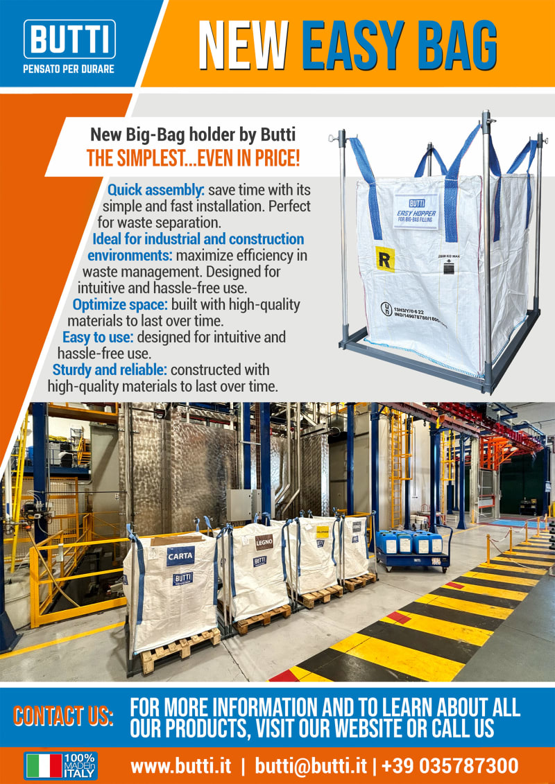 Butti New Easy Bag, an industrial big-bag holder stand designed for waste separation and material handling, shown in a factory setting with multiple bulk bags.