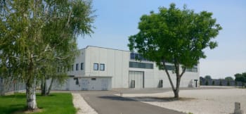 Modern light-colored industrial building featuring multiple dark-framed windows and a large loading bay, set against a clear blue sky. In the foreground, green grass, two birch trees, a paved driveway, and a gravel area with another tree are visible.