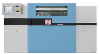 Norgau Gruppo Digital Press industrial printing machine with light blue and white casing and a visible control panel on the left.