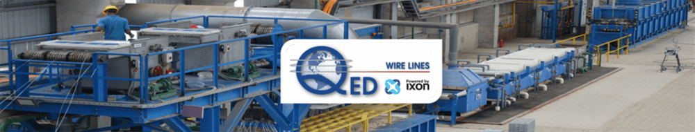 QED Wire Lines manufacturing facility with blue industrial machinery, a worker, and 'Powered by IXON' branding.