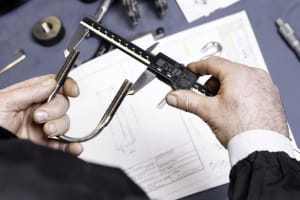 Tecnico misura un componente metallico ricurvo con calibro digitale su un banco di lavoro per il controllo qualità.