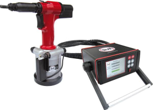 GESIPA blind rivet tool (rivet gun) with a separate electronic process control and monitoring unit displaying 'OK' status on its screen.