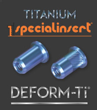 Due inserti filettati a rivetto in titanio Specialinsert DEFORM-TI, uno con corpo liscio e uno con corpo elicoidale nervato.