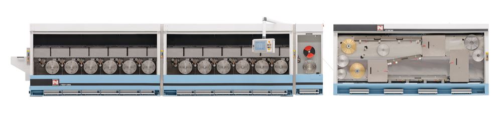 Macchina industriale modulare N PREP 2000 e N PRECISON per la lavorazione e l'avvolgimento di cavi, dotata di numerose bobine e pannello di controllo.