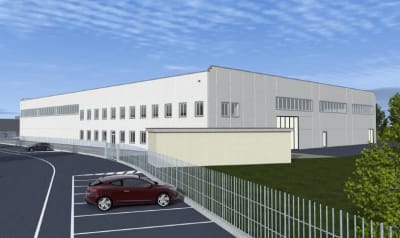Rendering architettonico di un moderno edificio industriale bianco e grigio con parcheggio auto e area verde.