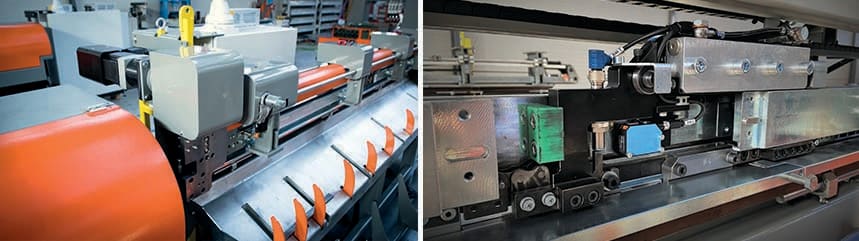 Máquina industrial de procesamiento de materiales con bobina de alimentación naranja, sistema de transporte y sensores de automatización.