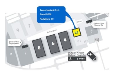 Mappa dettagliata della fiera di Stoccarda che evidenzia il Padiglione C2, dove è localizzato lo stand 2/330 di Tecno Impianti S.r.l. La mappa mostra anche l'Aeroporto di Stoccarda a 5 minuti di distanza.