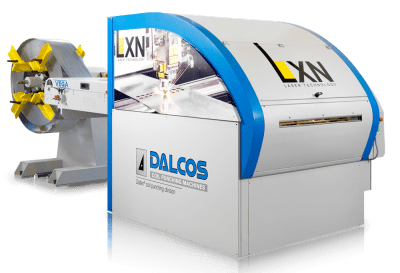 Dalcos LXN Laser Technology machine with a Vega uncoiler processing a metal coil, showing coil-fed laser cutting and punching operations.