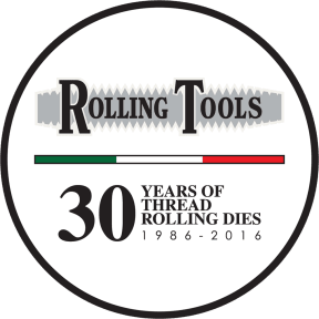 Logo Rolling Tools che celebra 30 anni di filiere per rullatura, dal 1986 al 2016, con una barra orizzontale verde, bianca e rossa