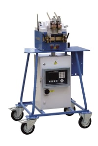 Mobile resistance butt welding machine with digital control panel and blue wheeled stand