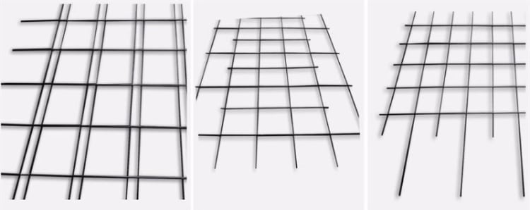 Schwarzes Drahtgitter mit quadratischen Maschen in drei verschiedenen Perspektiven auf weißem Hintergrund.