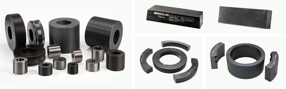 Assortment of industrial thread rolling dies, including cylindrical, disc, flat, and segment types, showcasing various threading patterns and HEROSLAM branded tools.