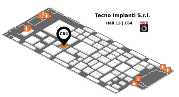 Exhibition floor plan of Hall 13 highlighting Tecno Impianti S.r.l. at stand C64, featuring the wire Düsseldorf logo and nearby facilities.