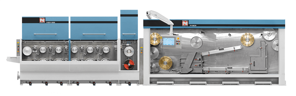 Two large industrial machines for wire drawing and processing, models Rosen Group NGHM 08 and R 501. The NGHM 08 machine on the left features multiple silver spools for material handling, while the R 501 machine on the right displays various silver and brass-colored spools, guides, and a control panel for cable manufacturing.