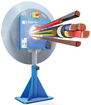 Blue industrial cable stripping machine processing multiple multi-core electrical cables, revealing their copper conductors and various insulation layers.