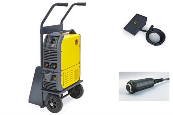 Yellow and gray welding machine on a wheeled cart with handles, shown alongside a black welding foot pedal and a handheld remote control for precise operation.