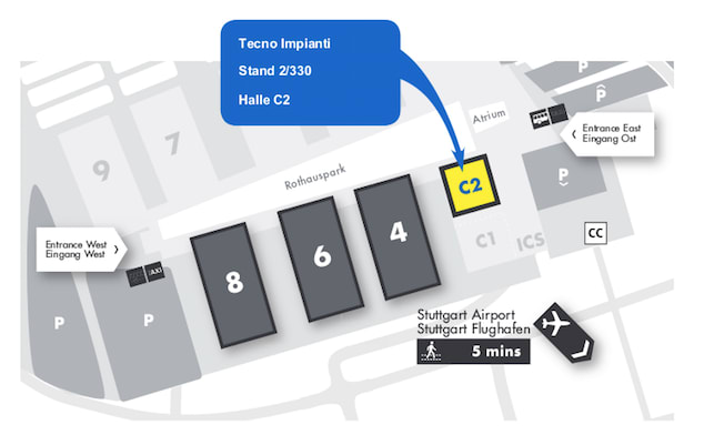 Messegelände Stuttgart Hallenplan mit Wegbeschreibung zu Tecno Impianti Stand 2/330 in Halle C2 und Hinweis auf 5 Minuten Fußweg zum Flughafen Stuttgart.