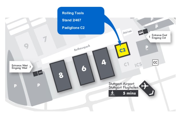 Mappa del centro espositivo di Stoccarda, indica il Padiglione C2 e lo stand 2/467 di Rolling Tools, con i punti di accesso Est e Ovest e la vicinanza all'aeroporto.