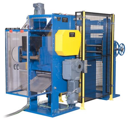 HFSAB industrial processing machine with a blue frame, large rollers, clear safety guards, a yellow control box, and black mesh fencing on a white background.