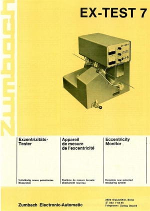 Zumbach EX-TEST 7 eccentricity monitor, an industrial measuring system for wires and cables as depicted on a product brochure.